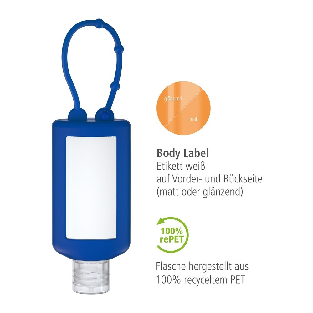 Hände-Desinfektionsgel (DIN EN 1500), 50 ml Bumper blau, Body Label (R-PET)