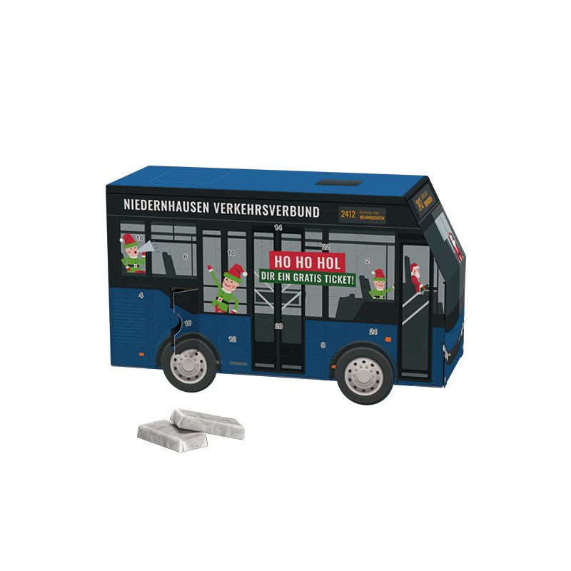 Adventskalender Bus, Schokotäfelchen in Pergamin-Papier