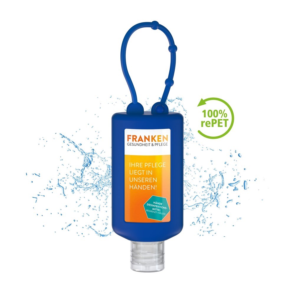 Hände-Desinfektionsgel (DIN EN 1500), 50 ml Bumper blau, Body Label (R-PET)